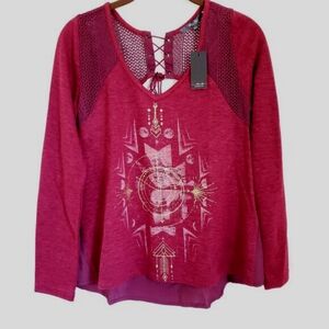 Miss Me NWT Mesh Accent Cut Out Graphic Long Sleeve Gaphic Top S